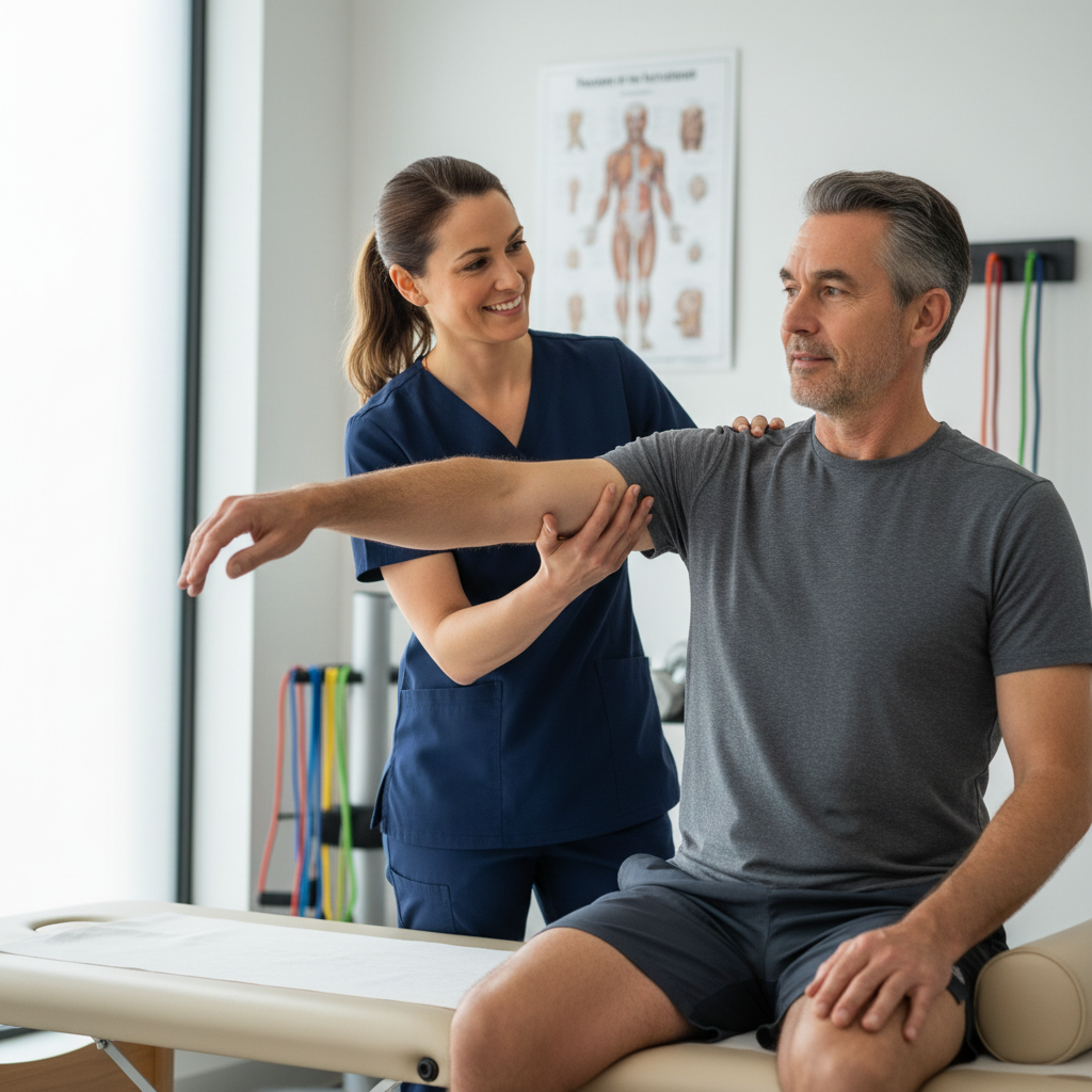 Physiotherapist treating a patient's knee in a clinic