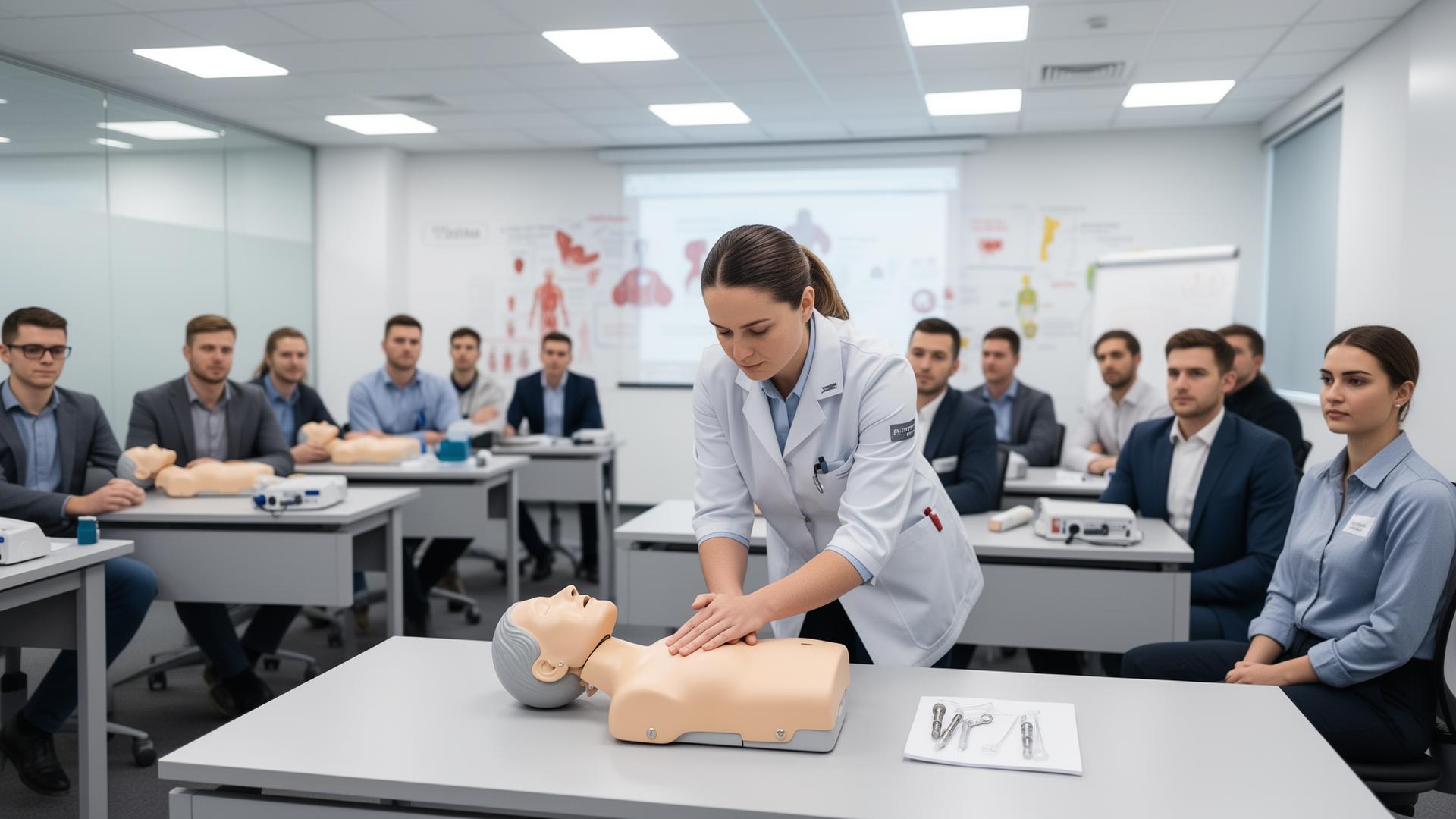 CPR training professionals teaching first aid