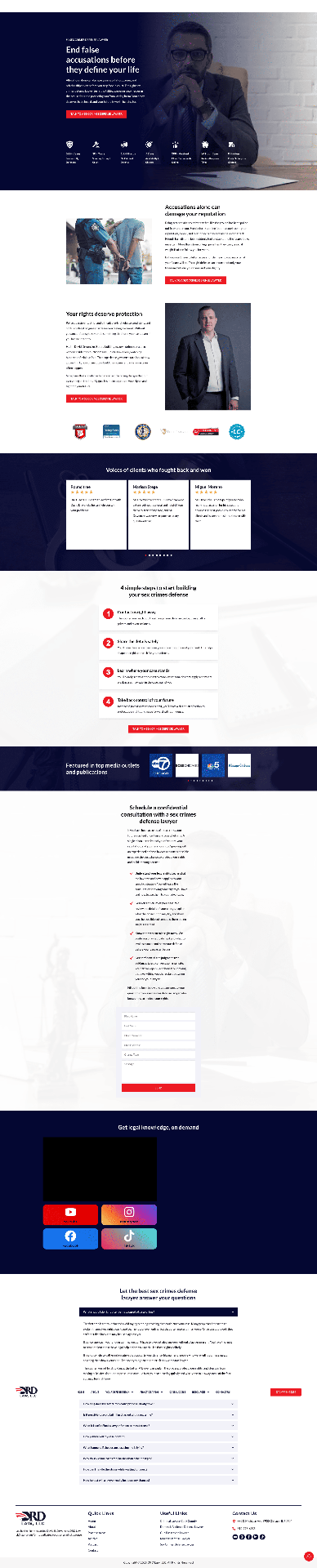 Criminal defence lawyer lead-generation landing page design with bold hero and prominent contact CTA