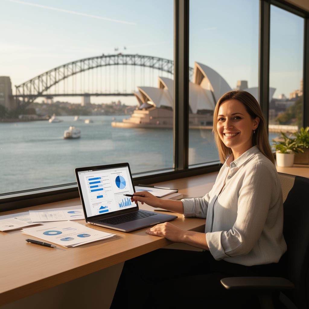 Sydney business owner reviewing Google Ads results with Harbour Bridge view