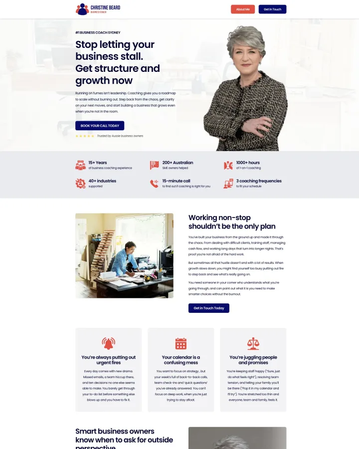 Christine Beard business coaching website shown from header to footer