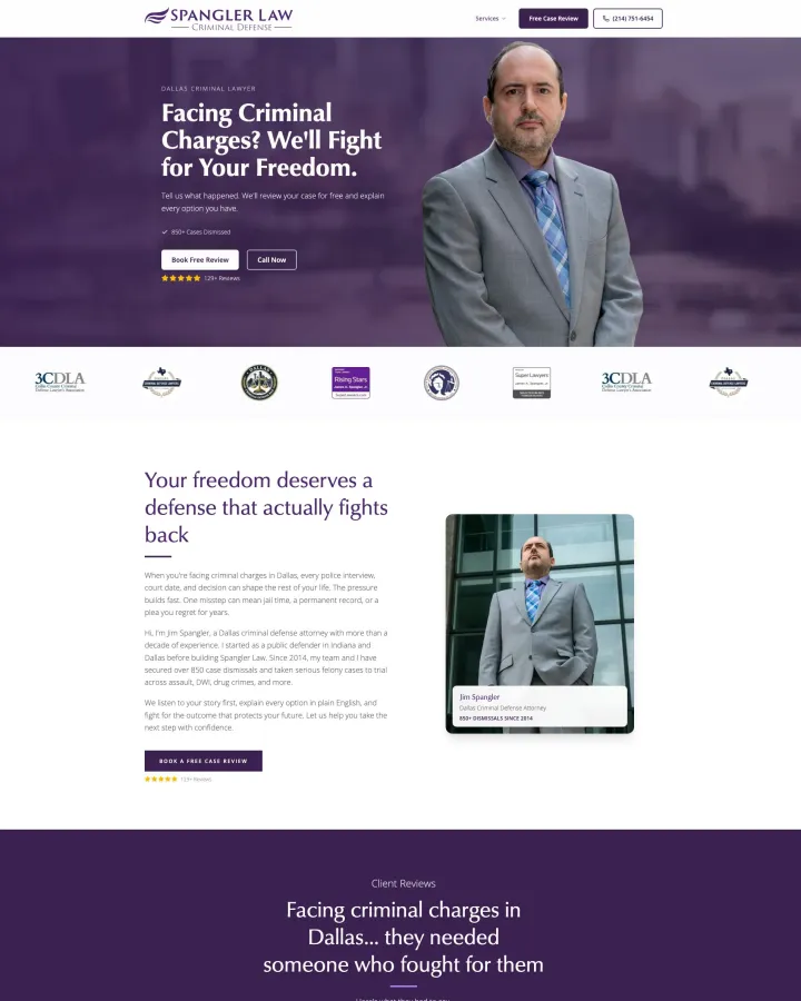 Spangler Law Dallas criminal defence website shown from header to footer
