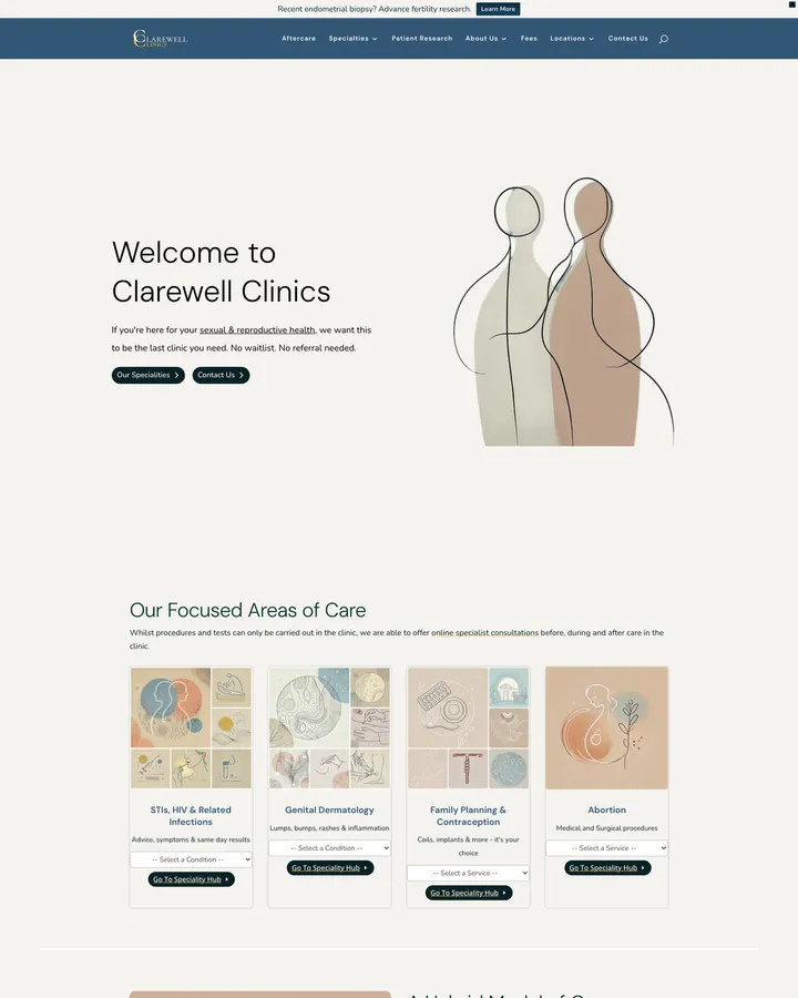 Clarewell Clinics homepage shown from header to footer