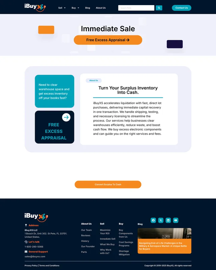 iBuyXS immediate sale page shown from header to footer