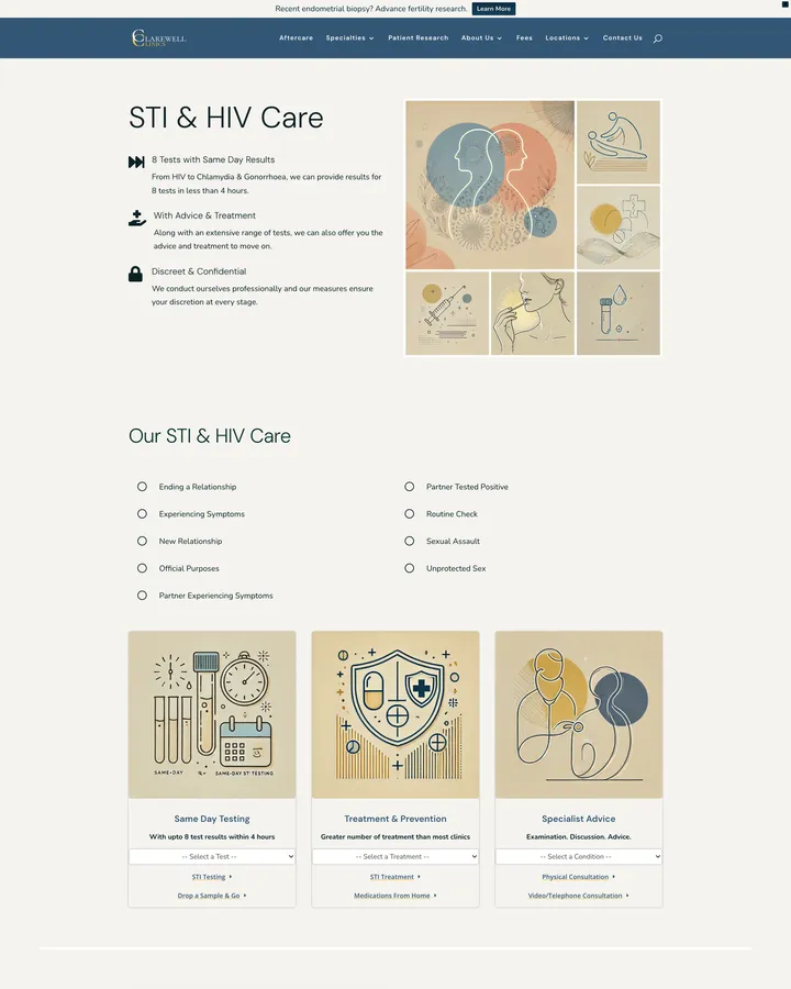 Clarewell Clinics STI and HIV care page shown from header to footer