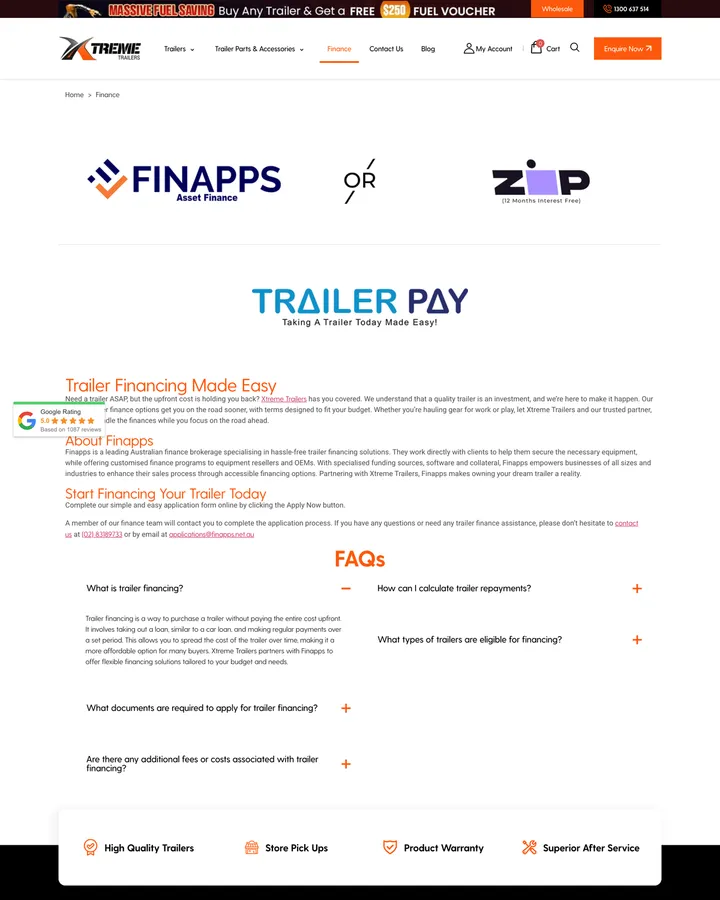 Xtreme Trailers finance page shown from header to footer