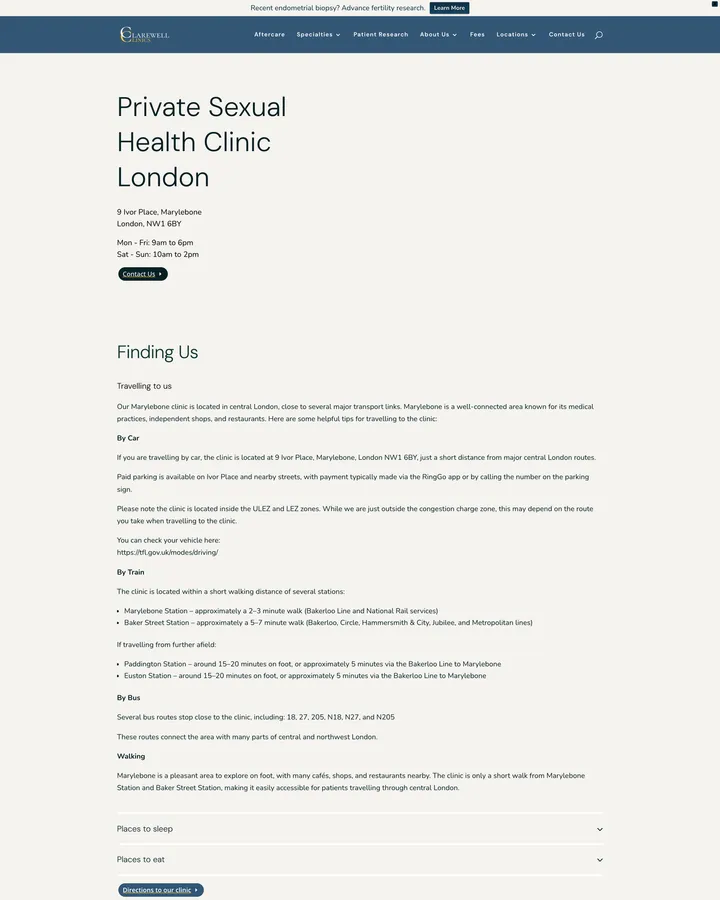 Clarewell Clinics London clinic page shown from header to footer