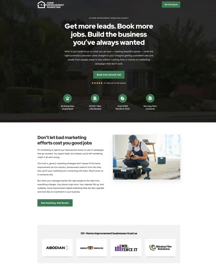 Home Improvement Marketing agency website shown from header to footer