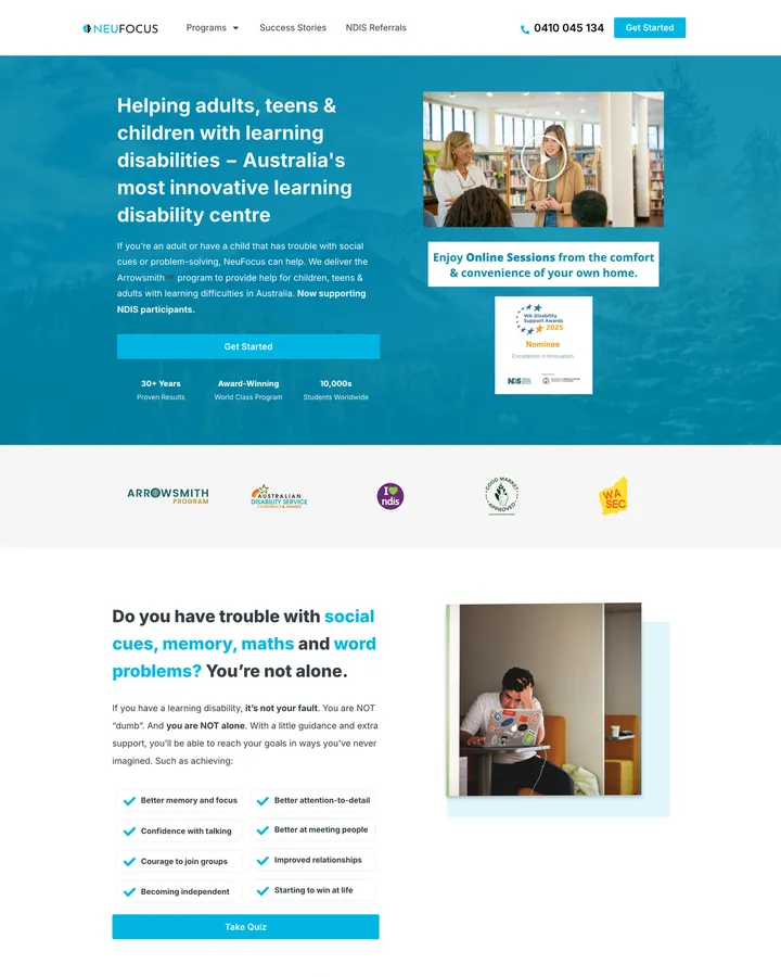 NeuFocus homepage shown from header to footer