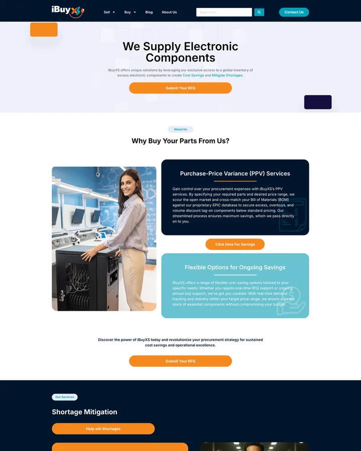 iBuyXS electronic component shortage mitigation page shown from header to footer