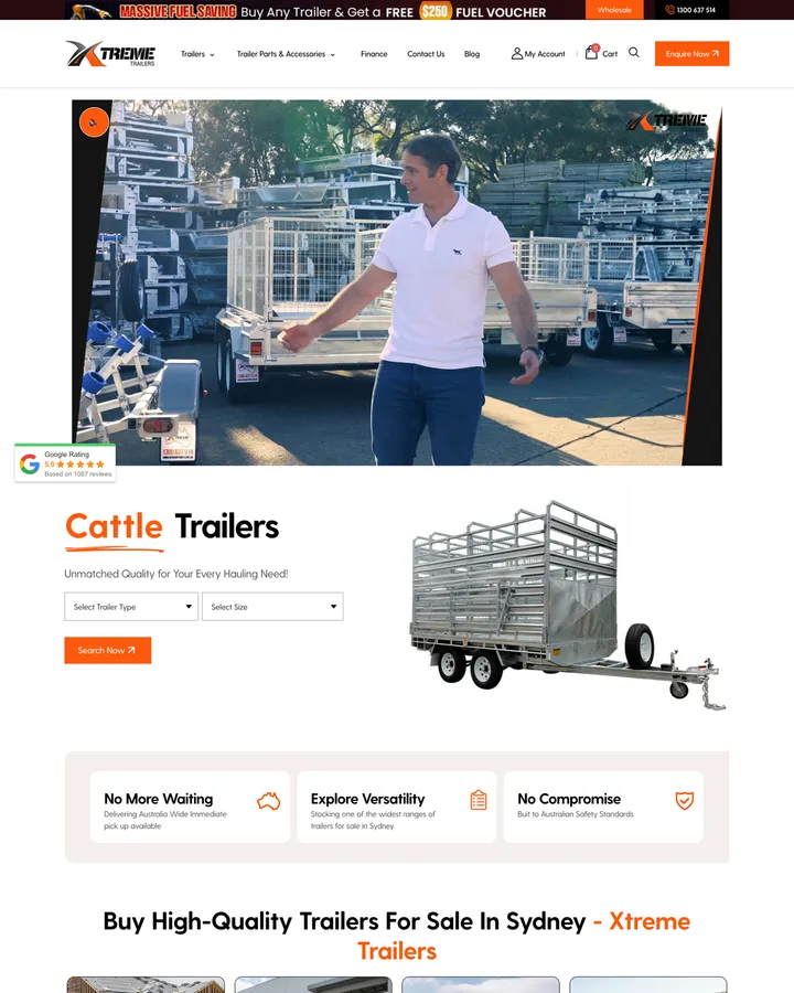 Xtreme Trailers homepage shown from header to footer