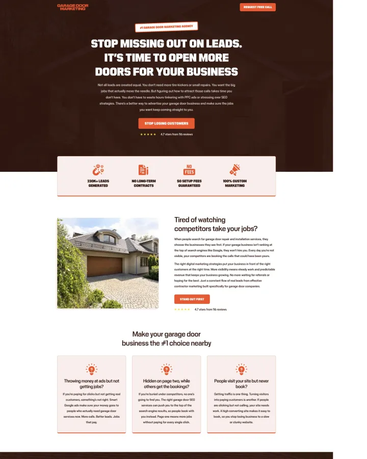 Garage Door Marketing agency website shown from header to footer