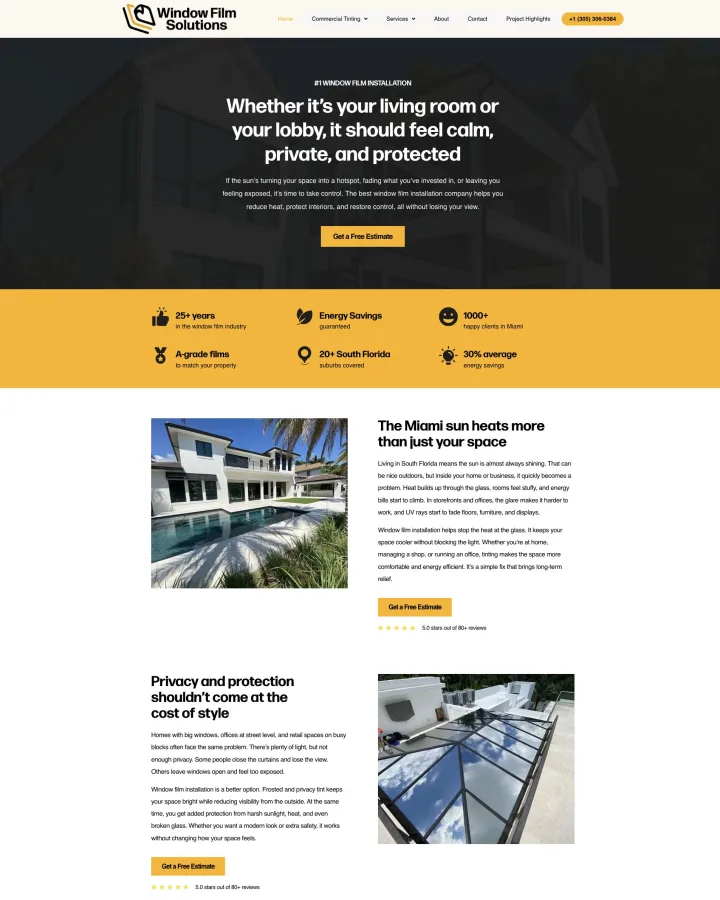 Window Film Solutions Florida window tinting website shown from header to footer
