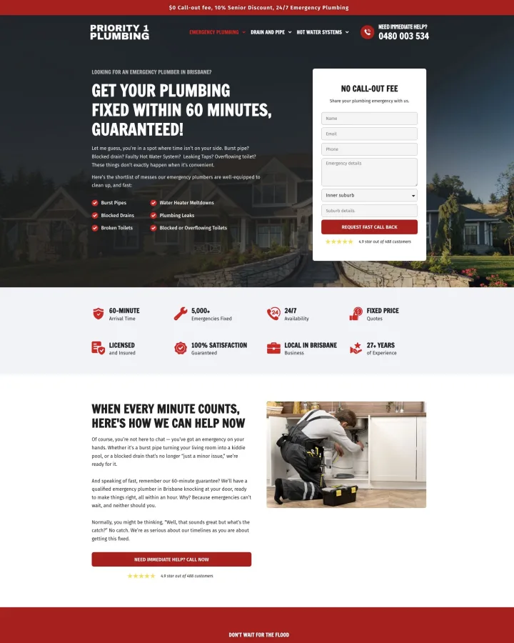 Priority 1 Plumbing emergency plumbing website shown from header to footer