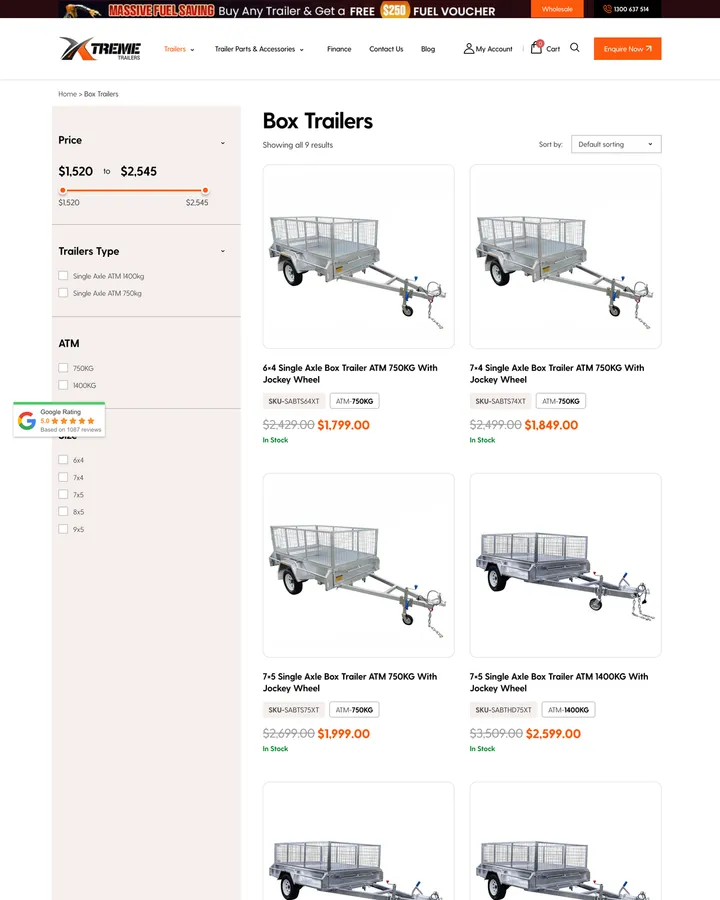 Xtreme Trailers box trailers category page shown from header to footer