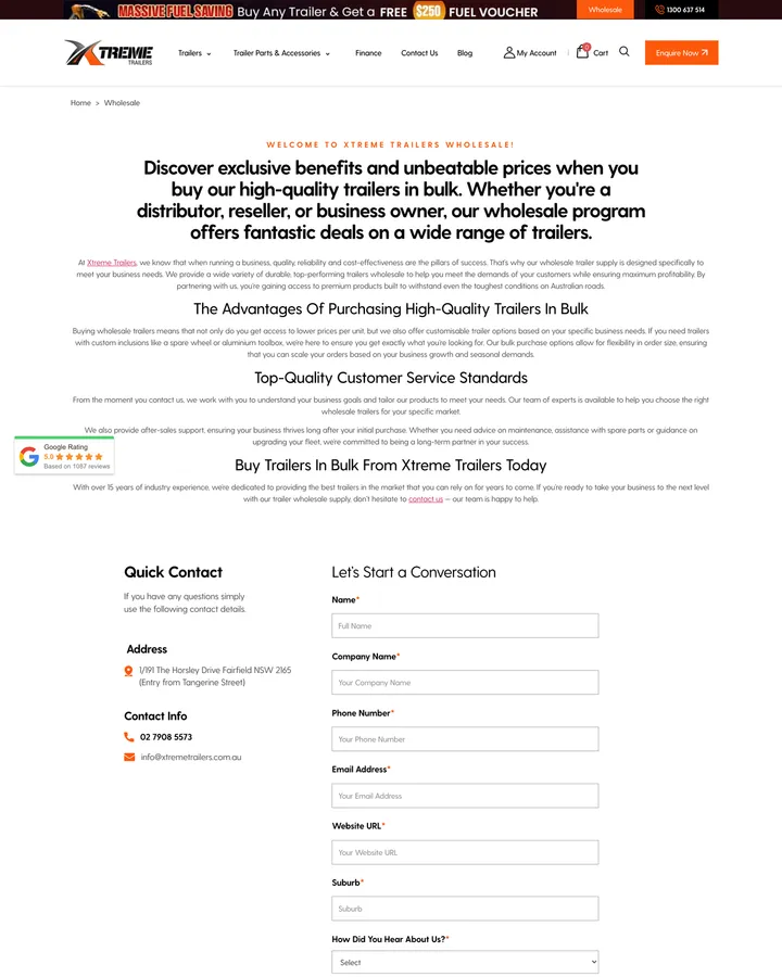 Xtreme Trailers wholesale page shown from header to footer
