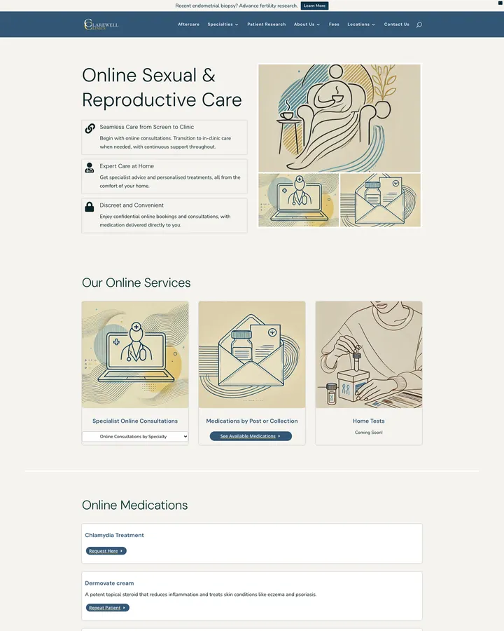 Clarewell Clinics online care page shown from header to footer