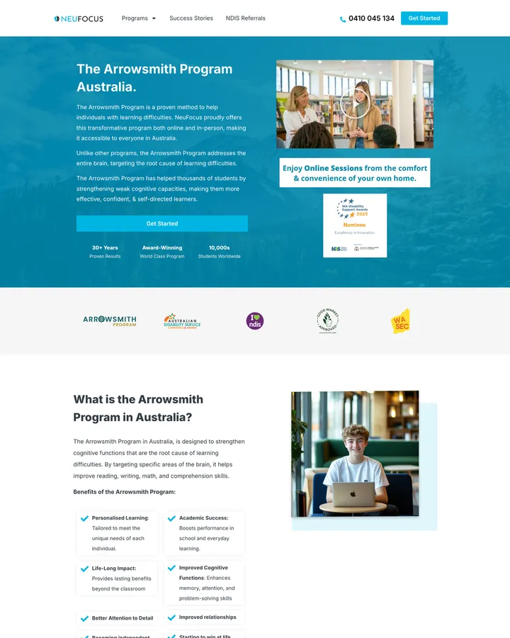 NeuFocus Arrowsmith Program page shown from header to footer