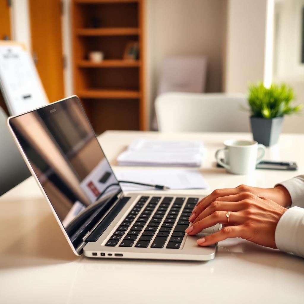 Business professional working at laptop in modern office