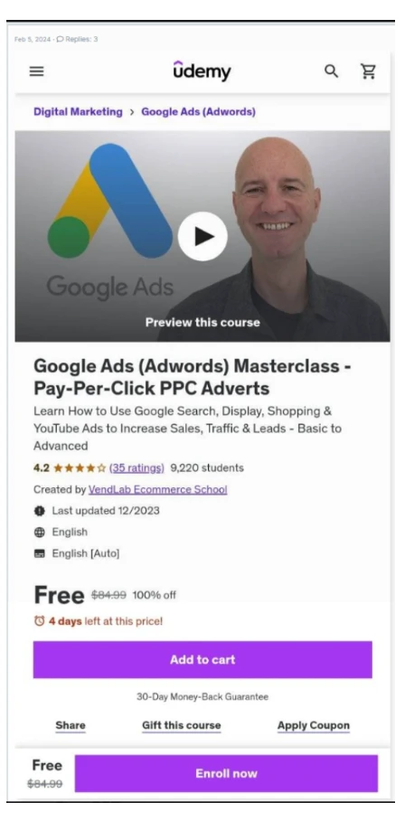 udemy course page showing a banner, 'discount ends in 4 days,' highlighting the perceived scarcity effect to drive urgency in purchasing the course."