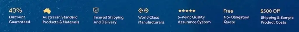 List of unique selling propositions including 40% discount, insured shipping, and 5-point quality assurance.