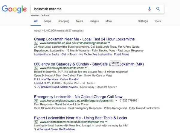 search engine results page (serp) for locksmiths in the uk with various listings and their website links displayed.