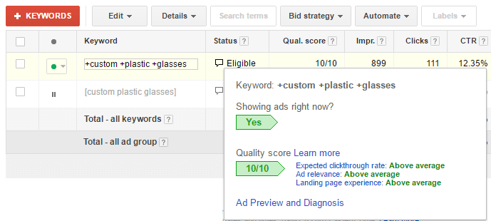 a screenshot of a google ads interface displaying 6 columns: keyword, status, quality score, impressions, clicks, and ctr. the table shows data on the performance of various keywords used in google ads campaigns. the columns provide information on the status of each keyword, its quality score, the number of impressions it has received, the number of clicks it has generated, and its click-through rate (ctr).