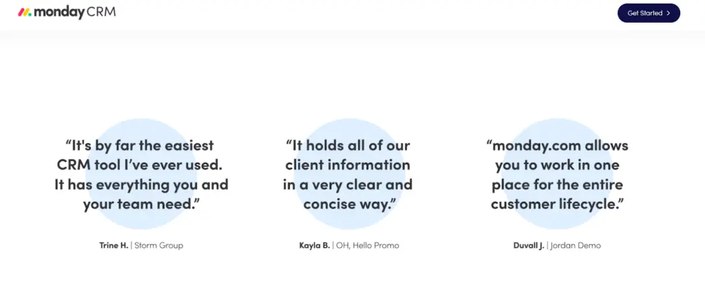 Monday CRM landing page displaying three positive customer testimonials. Improve landing page experience for Google Ads.