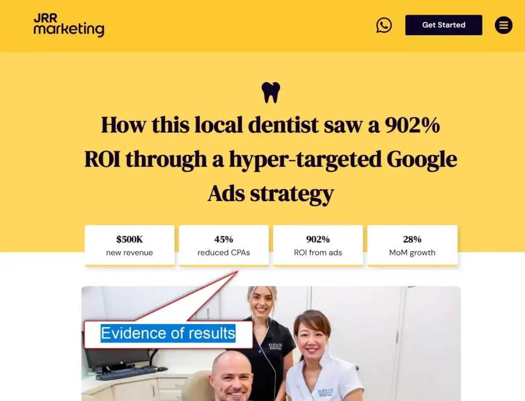 Dentist office staff smiling, with a marketing case study showing 902% ROI from a fractional leadership strategy.