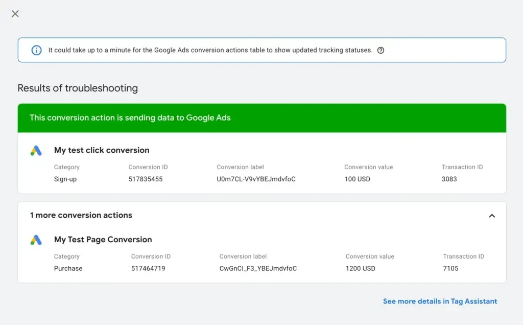Google Ads troubleshooting interface showing two conversion actions with different conversion value amounts (100 USD and 1200 USD).