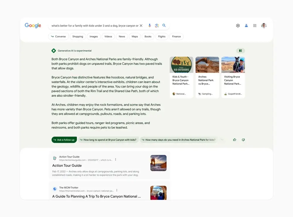 A Google Search Results Page (SERP) showing generative AI answers for a query, highlighting SEO vs Google Ads.