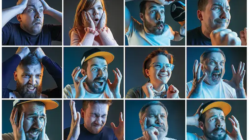 A diverse group of people showing strong, varied emotions like joy, sorrow, and surprise, illustrating emotional contagion in marketing