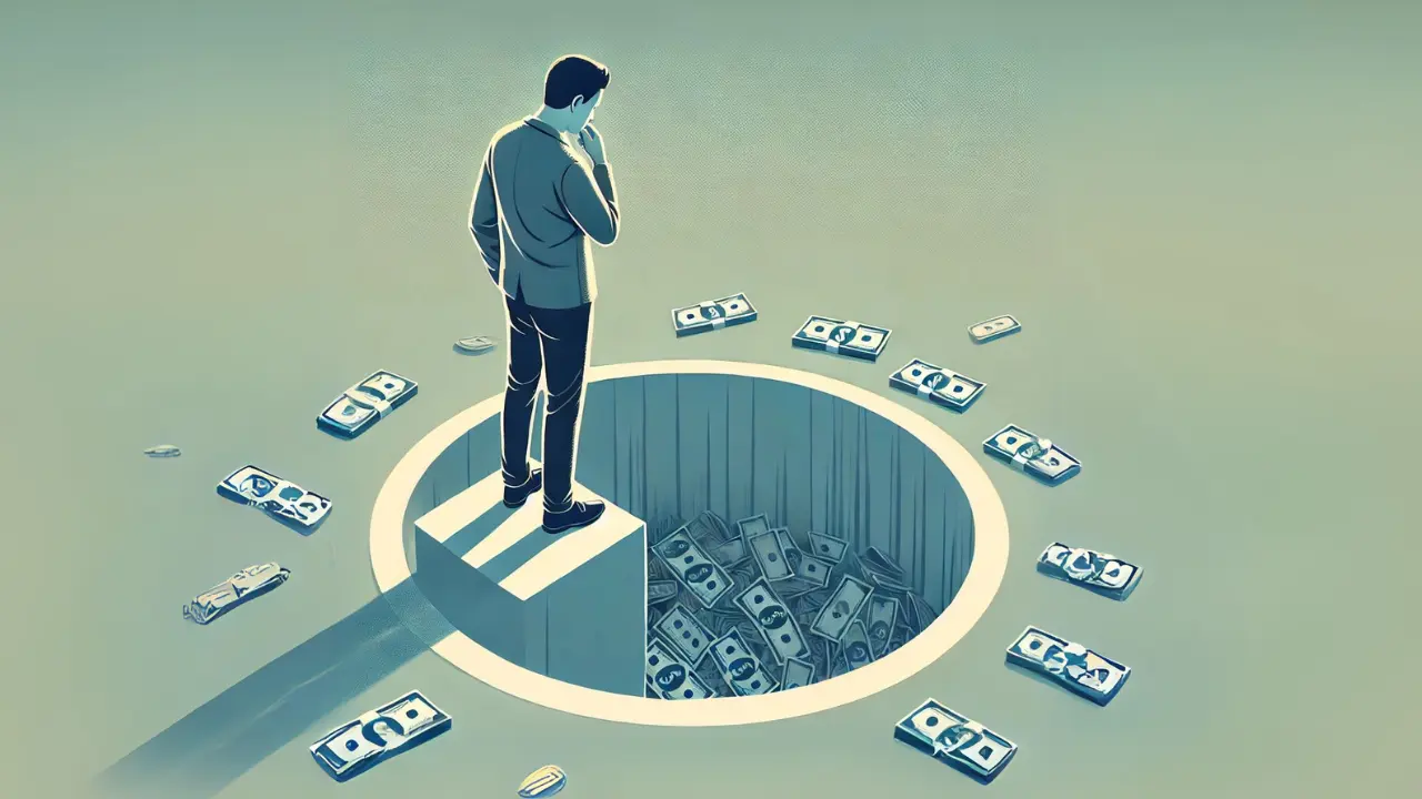 A disheartened business owner looking at a pile of discarded marketing materials, symbolizing the sunk cost fallacy in marketing