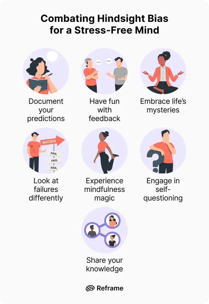 Avoiding Hindsight Bias illustrated infographic titled “combating hindsight bias for a stress-free mind” showing seven visual strategies to overcome hindsight bias. these include: documenting your predictions, having fun with feedback, embracing life’s mysteries, looking at failures differently, experiencing mindfulness, engaging in self-questioning, and sharing your knowledge. a colorful and practical visual explanation of what is hindsight bias and how to reduce its mental strain through mindful habits.
