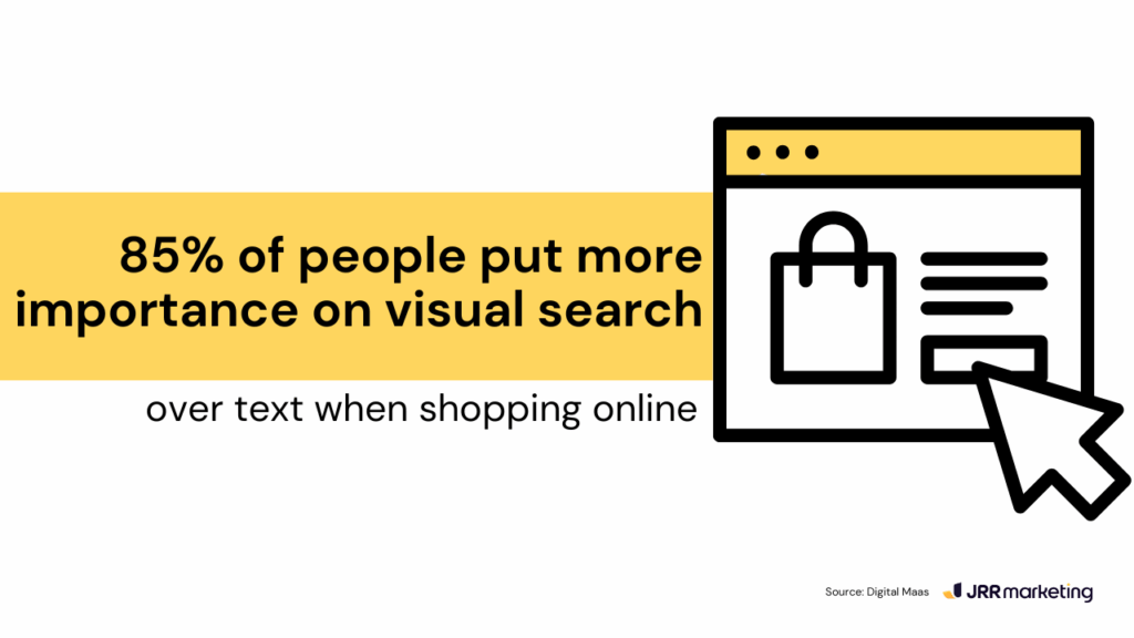 The Impact Of Visual Search On Online Shopping informative graphic with bold text stating “85% of people put more importance on visual search over text when shopping online,” alongside a simple browser illustration with a shopping bag icon and large cursor. a clear visual representation of consumer behavior, emphasizing why you should optimize for visual search in e-commerce to enhance online shopping engagement.