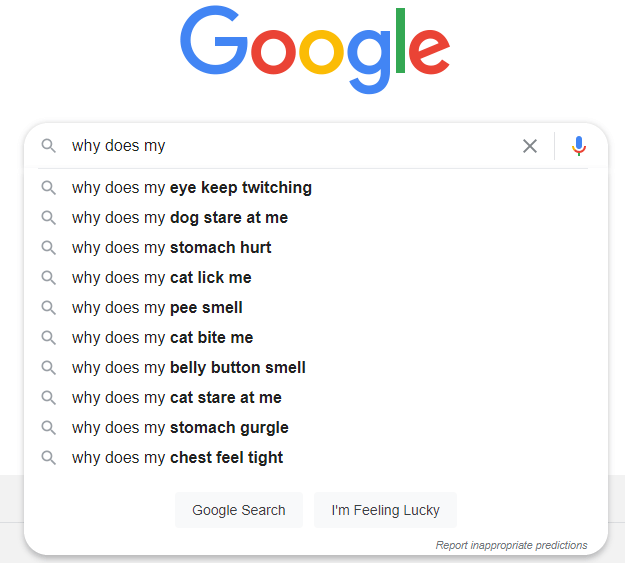 A Sight Many Of Us Are All Too Familiar With screenshot of a google search autocomplete dropdown showing popular queries starting with "why does my," featuring suggestions like “why does my eye keep twitching” and “why does my dog stare at me,” illustrating how users rely on conversational search for everyday curiosities and personal health concerns.