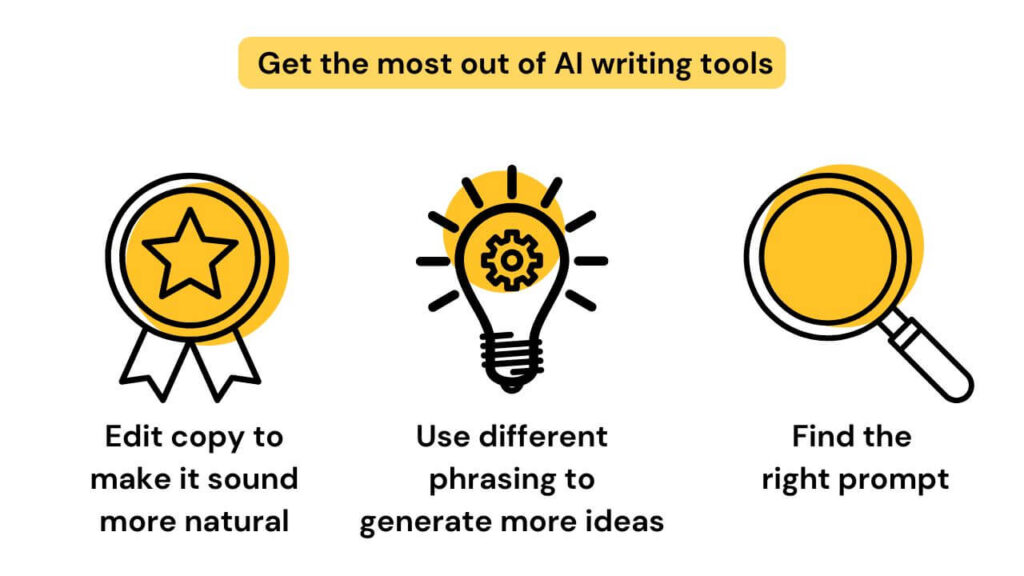 Ai Writing Tools Can Help You Get More Work Done informational graphic titled “get the most out of ai writing tools” with icons of a star ribbon, a lightbulb with gear, and a magnifying glass, paired with tips like “edit copy to make it sound more natural,” reinforcing the role of ai in enhancing content for conversational search optimization.