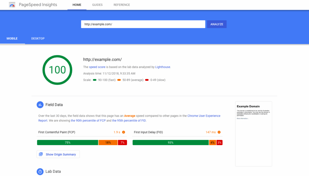 What You Want Your Pagespeed Insights Score To Look Like screenshot of a perfect 100 score on google pagespeed insights for example.com, demonstrating high web performance metrics — essential for enhancing user experience and boosting visibility in voice search local seo.